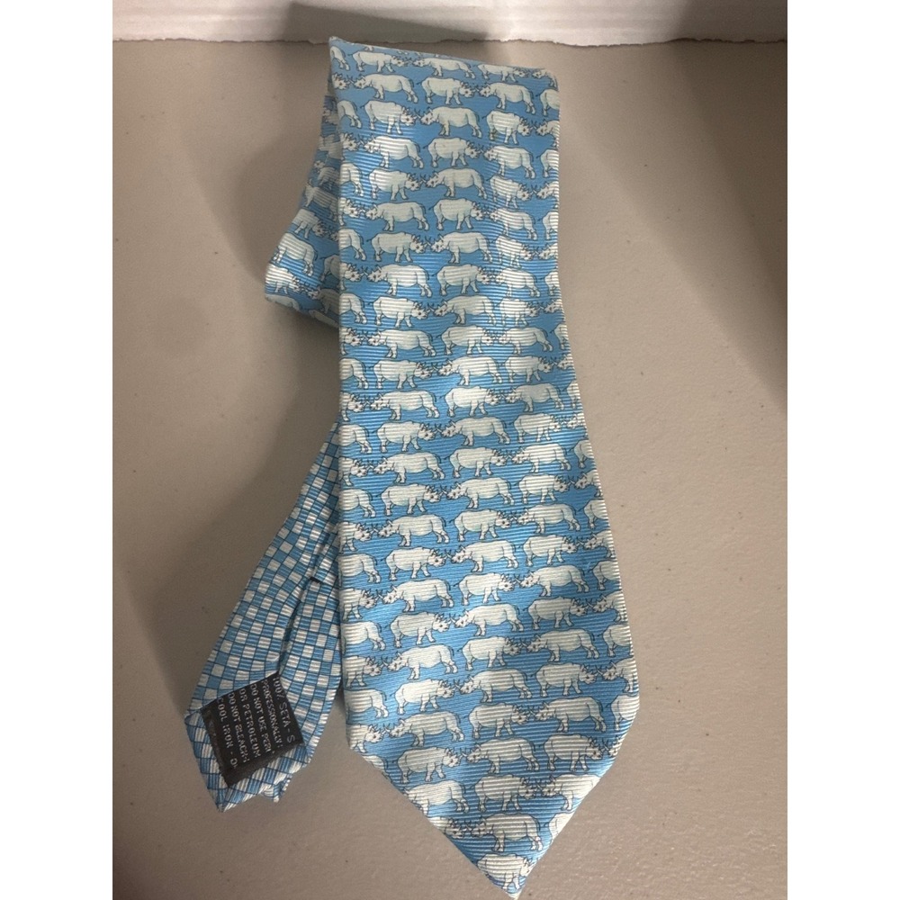 Gianni Versace Mens Silk Tie Light Blue White Rhinoceros Animal Print Italy - Picture 1 of 6